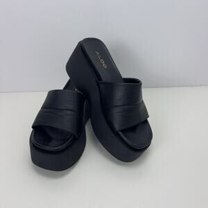 Aldo Black Leather Wide Strap Chunky Platform Slip-On Sandal Sz 10 40